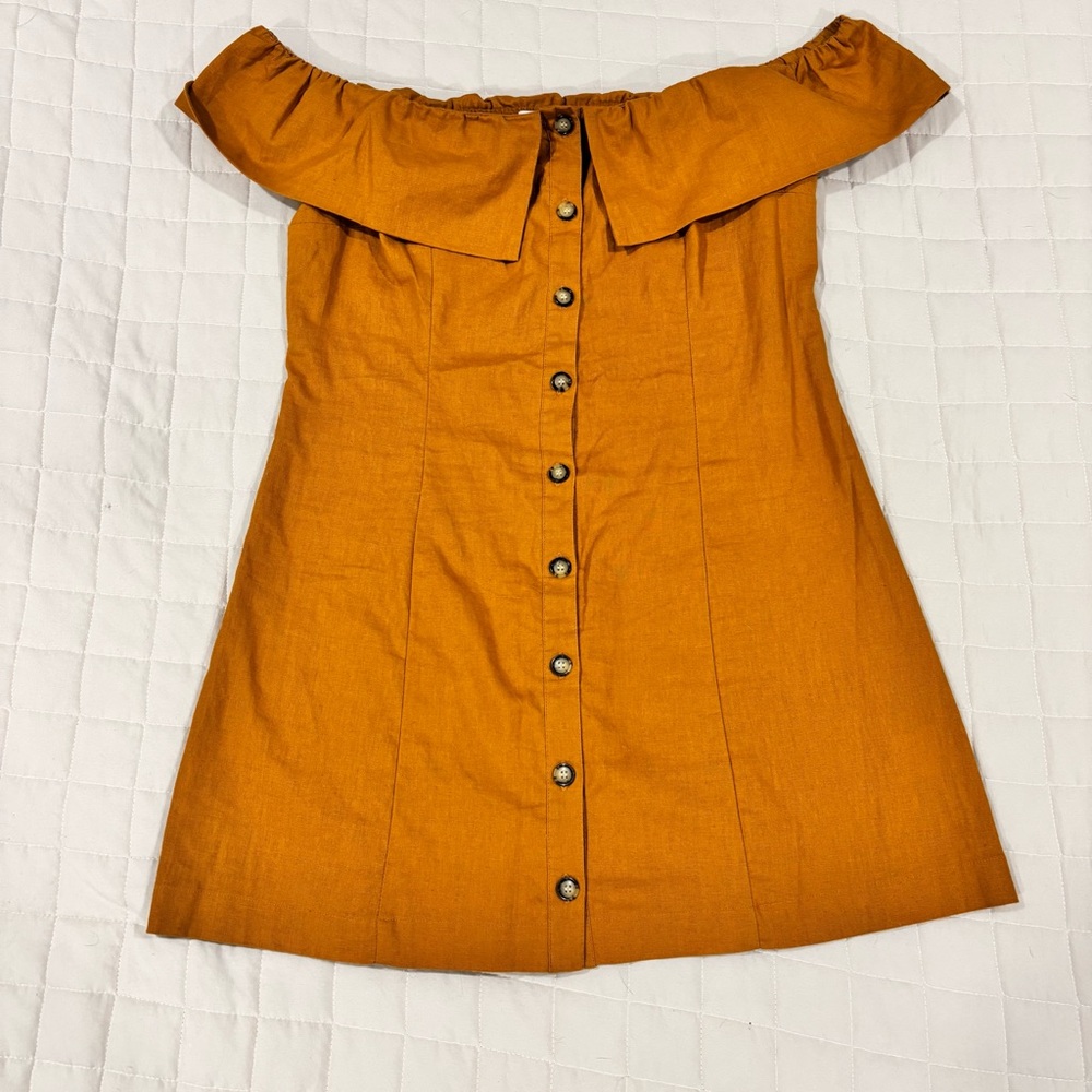 Express Rocky Barnes Off-Shoulder Linen Blend Dress Mustard Yellow M Button Down